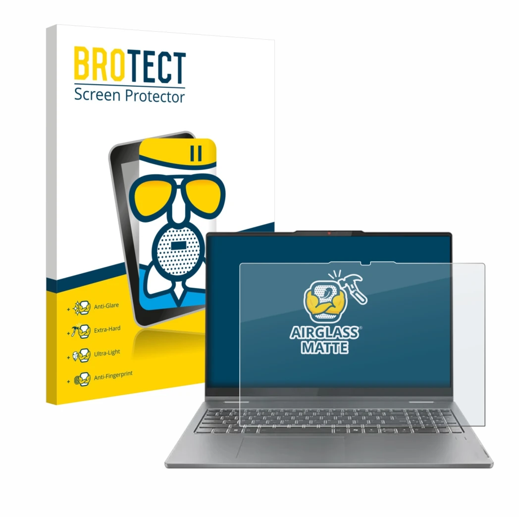 Parte frontal de un envase de producto con el logotipo de la marca BROTECT. Al lado se muestra el dispositivo Lenovo IdeaPad 5