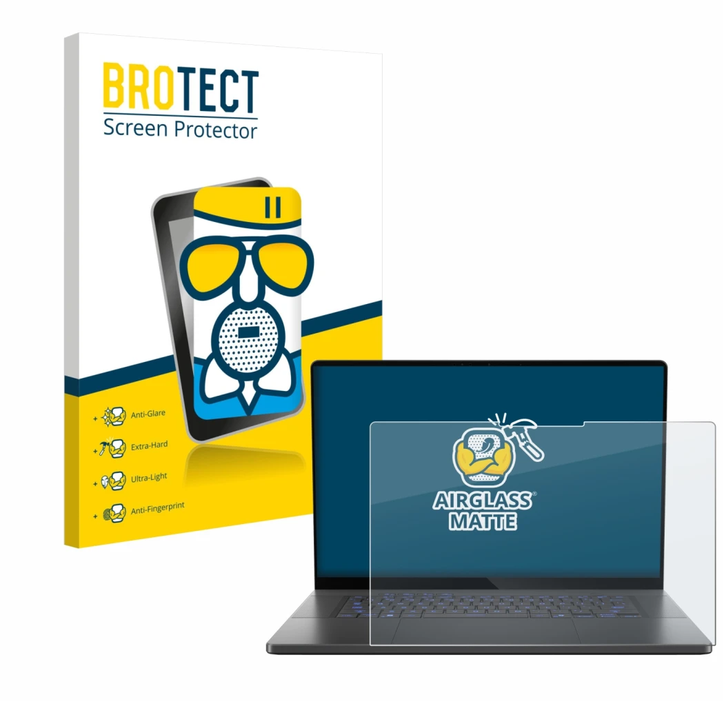 Parte frontal de un envase de producto con el logotipo de la marca BROTECT. Al lado se muestra el dispositivo ASUS ROG Zephyru