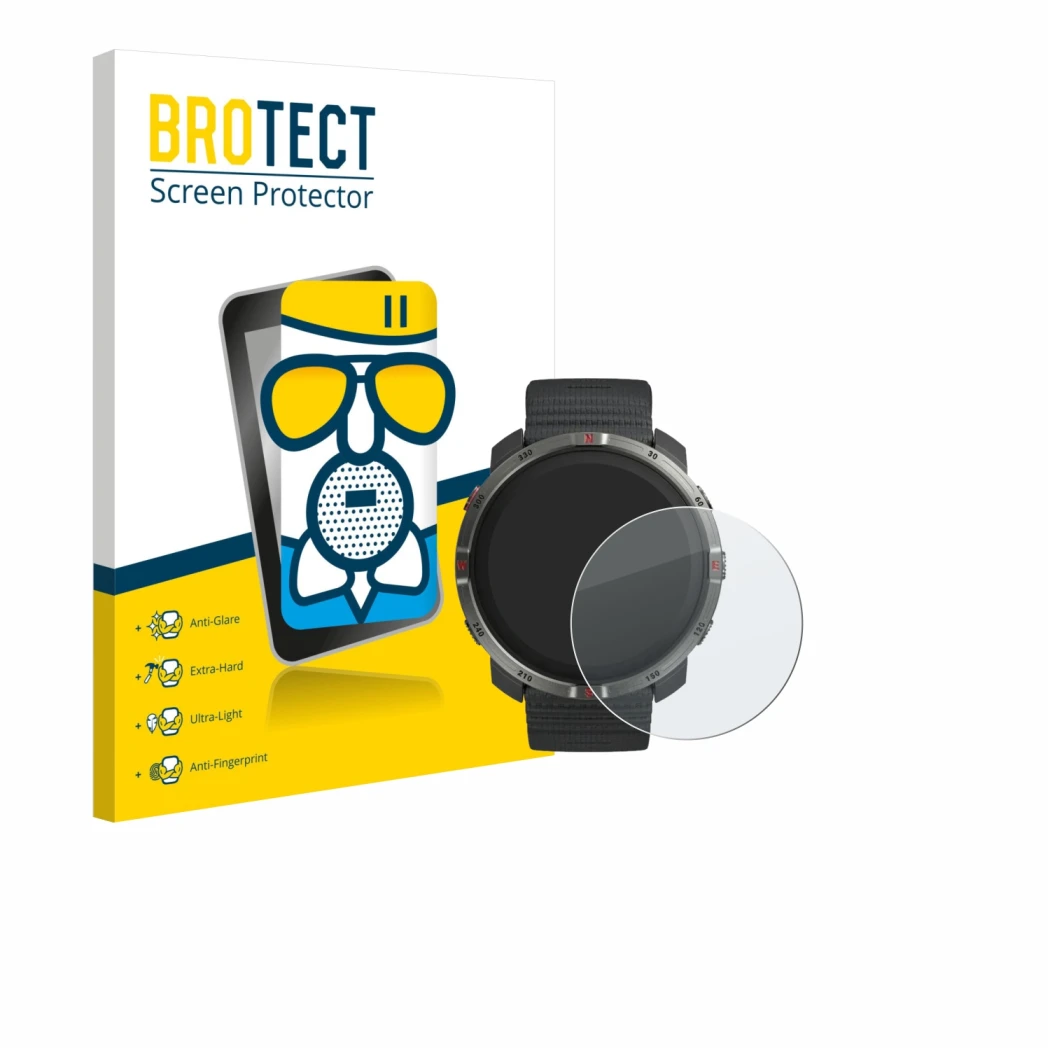 Parte frontal de un envase de producto con el logotipo de la marca BROTECT. Al lado se muestra el dispositivo Polar Grit X2 co