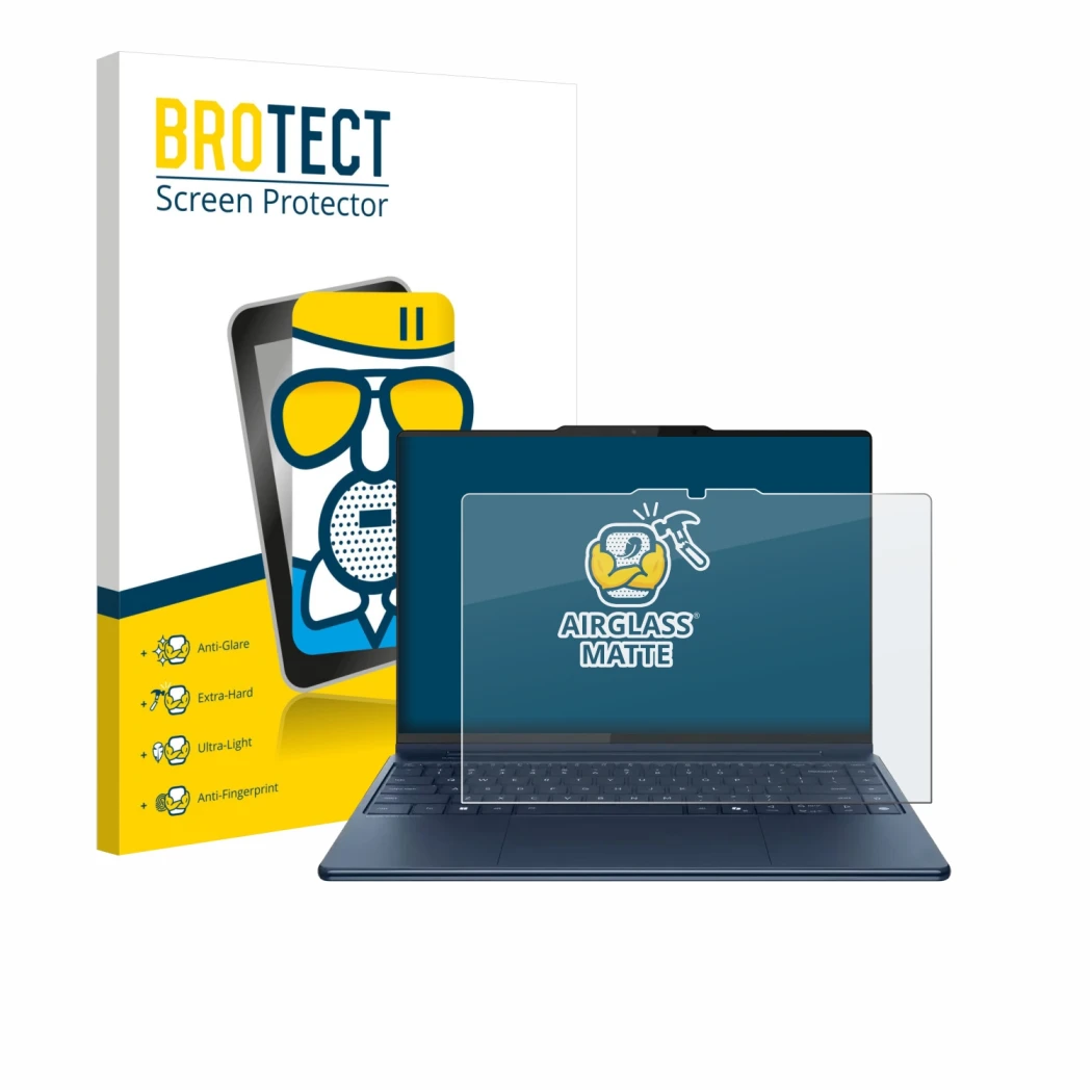 Parte frontal de un envase de producto con el logotipo de la marca BROTECT. Al lado se muestra el dispositivo Lenovo Yoga Pro 