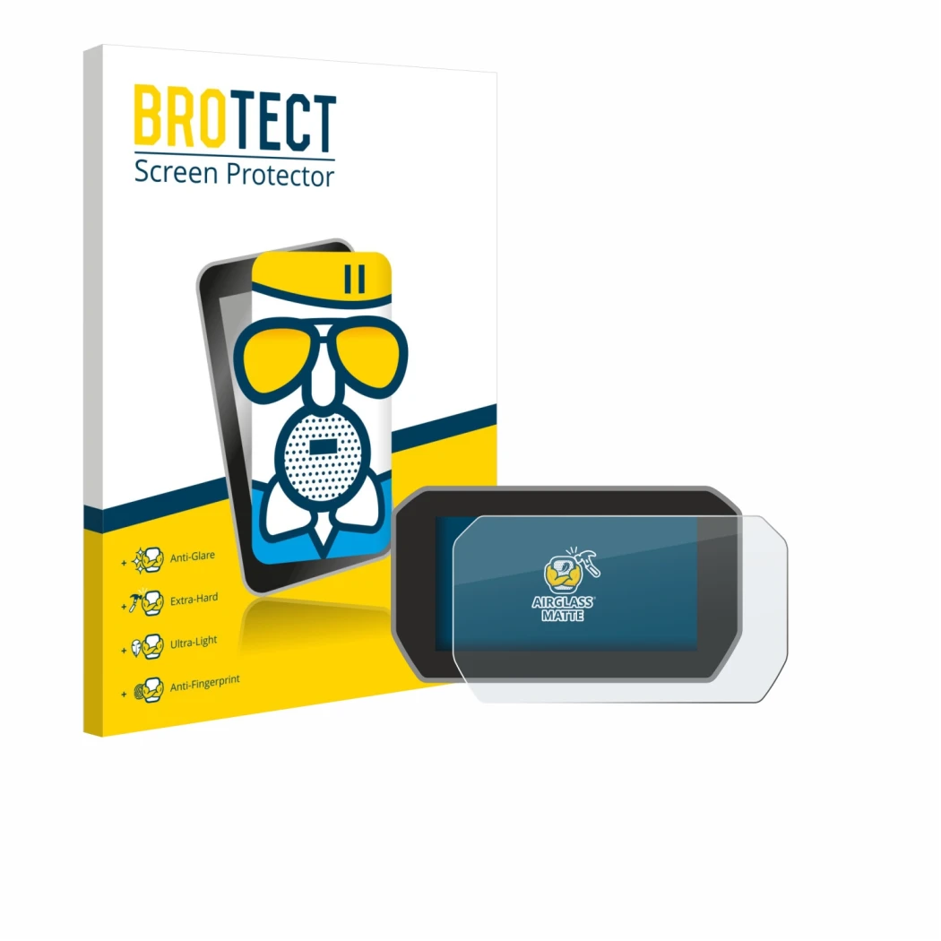 Parte frontal de un envase de producto con el logotipo de la marca BROTECT. Al lado se muestra el dispositivo Ducati V4S 2021 