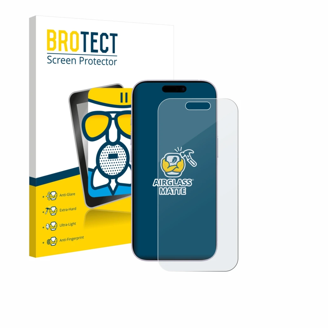 Parte frontal de un envase de producto con el logotipo de la marca BROTECT. Al lado se muestra el dispositivo Apple iPhone 17 