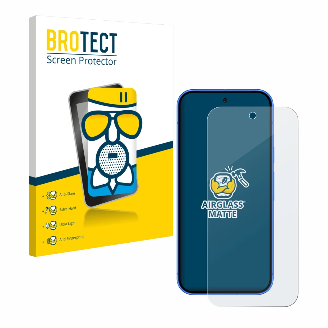 Parte frontal de un envase de producto con el logotipo de la marca BROTECT. Al lado se muestra el dispositivo Google Pixel 10 