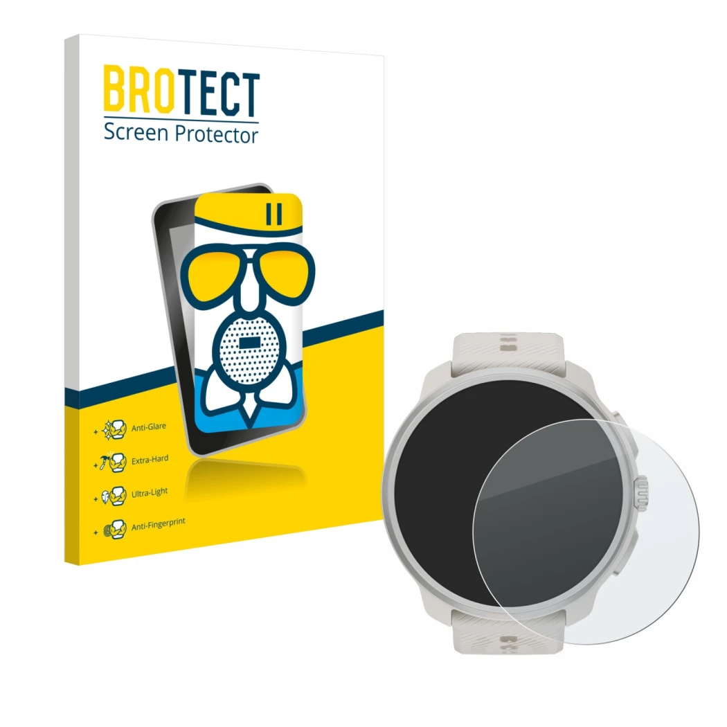 Parte frontal de un envase de producto con el logotipo de la marca BROTECT. Al lado se muestra el dispositivo Suunto Race 2 co