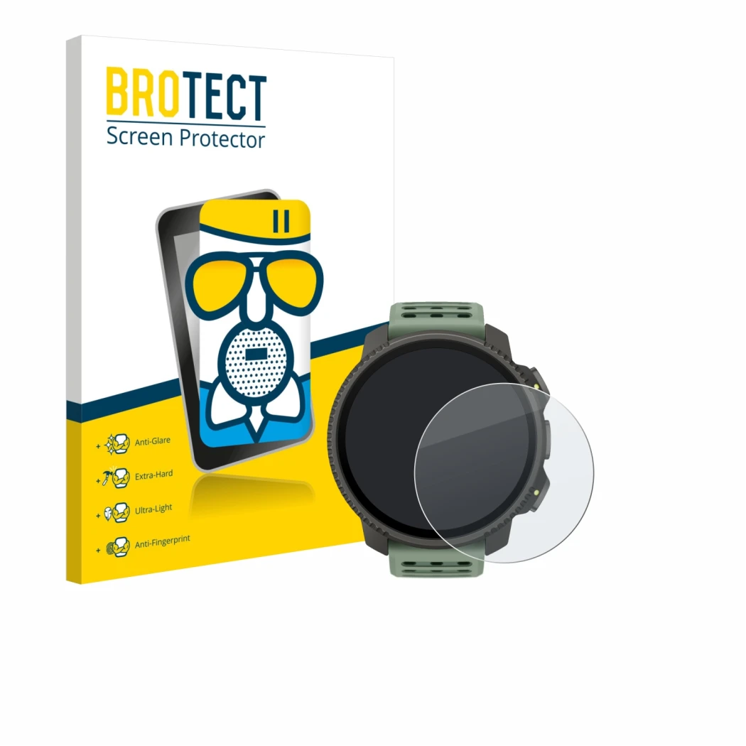 Parte frontal de un envase de producto con el logotipo de la marca BROTECT. Al lado se muestra el dispositivo Suunto Vertical