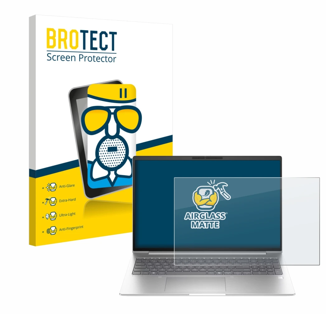 Parte frontal de un envase de producto con el logotipo de la marca BROTECT. Al lado se muestra el dispositivo HP EliteBook 6 G