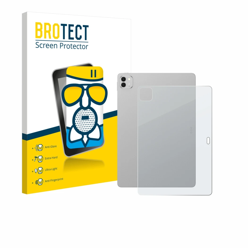 Parte frontal de un envase de producto con el logotipo de la marca BROTECT. Al lado se muestra el dispositivo Honor Magicpad 3