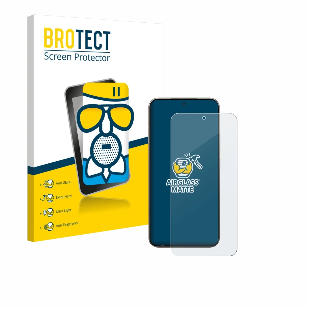 Parte frontal de un envase de producto con el logotipo de la marca BROTECT. Al lado se muestra el dispositivo Xiaomi 15T Pro c