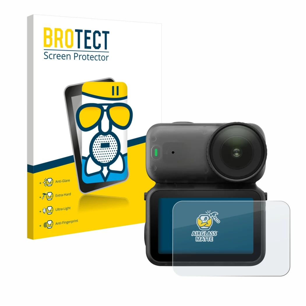 Parte frontal de un envase de producto con el logotipo de la marca BROTECT. Al lado se muestra el dispositivo DJI Osmo Nano co