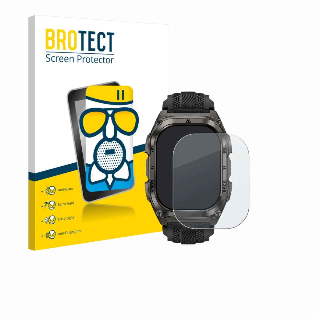 Parte frontal de un envase de producto con el logotipo de la marca BROTECT. Al lado se muestra el dispositivo Kospet Tank M4 c