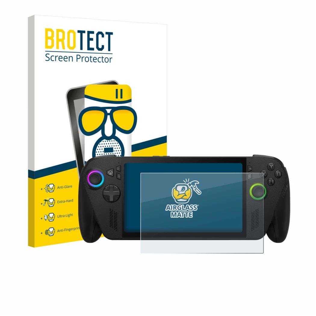 Parte frontal de un envase de producto con el logotipo de la marca BROTECT. Al lado se muestra el dispositivo ASUS ROG Xbox Al