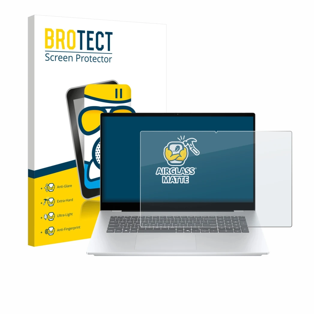 Parte frontal de un envase de producto con el logotipo de la marca BROTECT. Al lado se muestra el dispositivo HP OmniBook 7 17