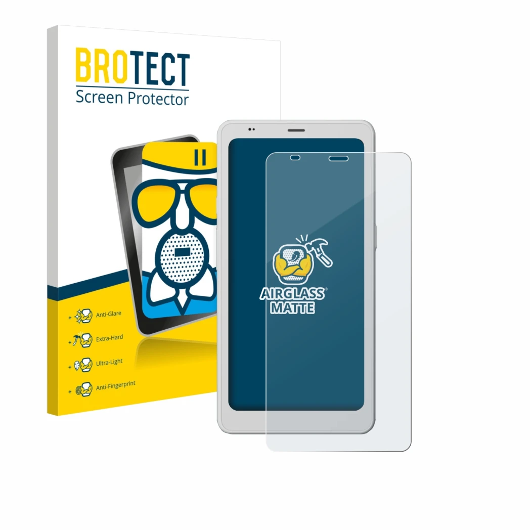 Parte frontal de un envase de producto con el logotipo de la marca BROTECT. Al lado se muestra el dispositivo Boox Palma 2 Pro