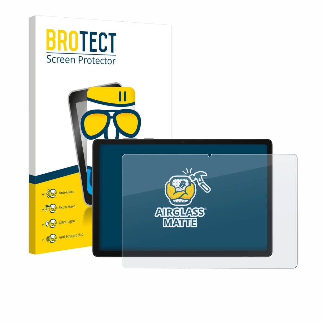 Parte frontal de un envase de producto con el logotipo de la marca BROTECT. Al lado se muestra el dispositivo Samsung Galaxy T