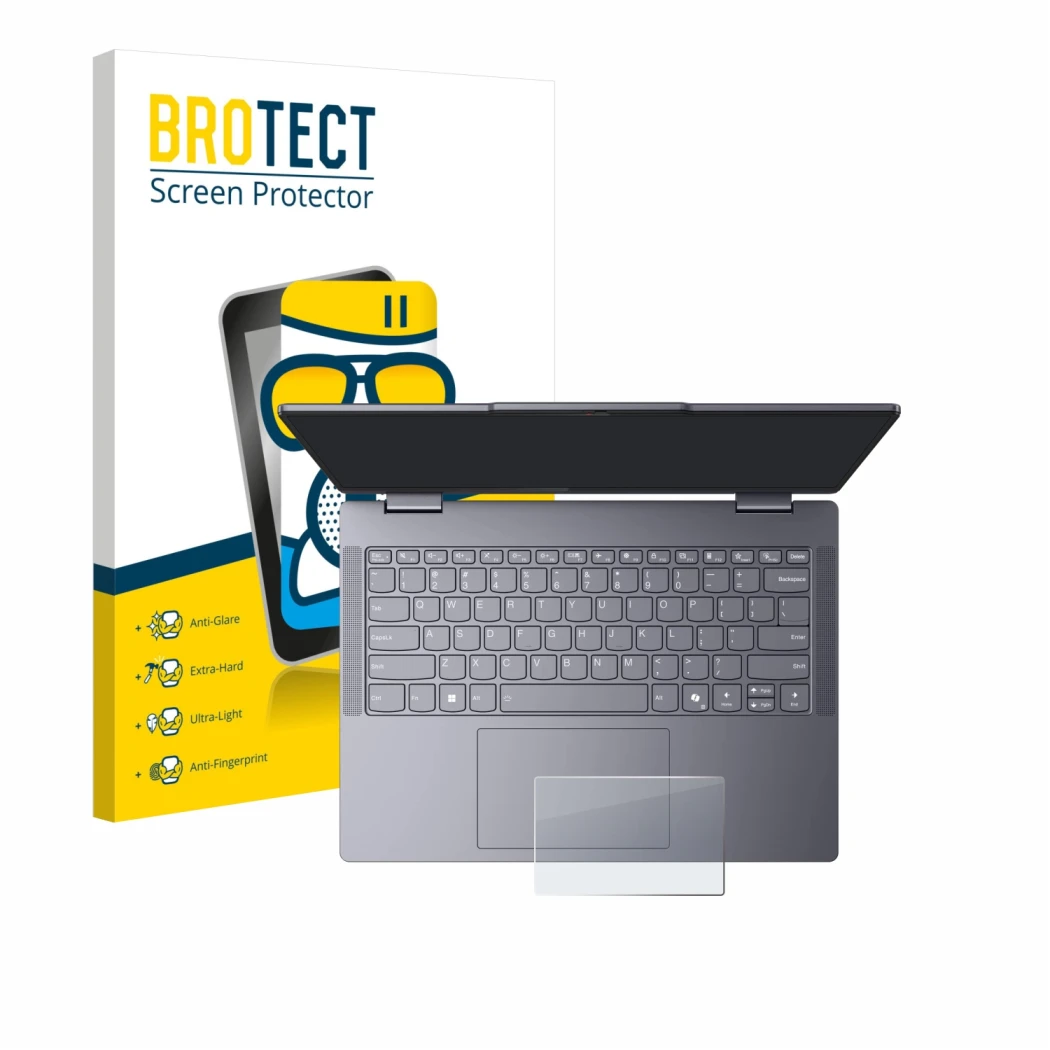 Parte frontal de un envase de producto con el logotipo de la marca BROTECT. Al lado se muestra el dispositivo Lenovo IdeaPad 5