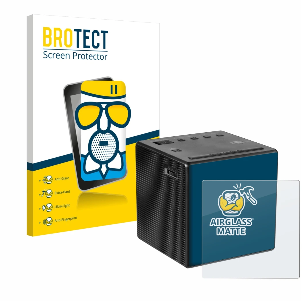 Parte frontal de un envase de producto con el logotipo de la marca BROTECT. Al lado se muestra el dispositivo Sony ICF-C1 con 