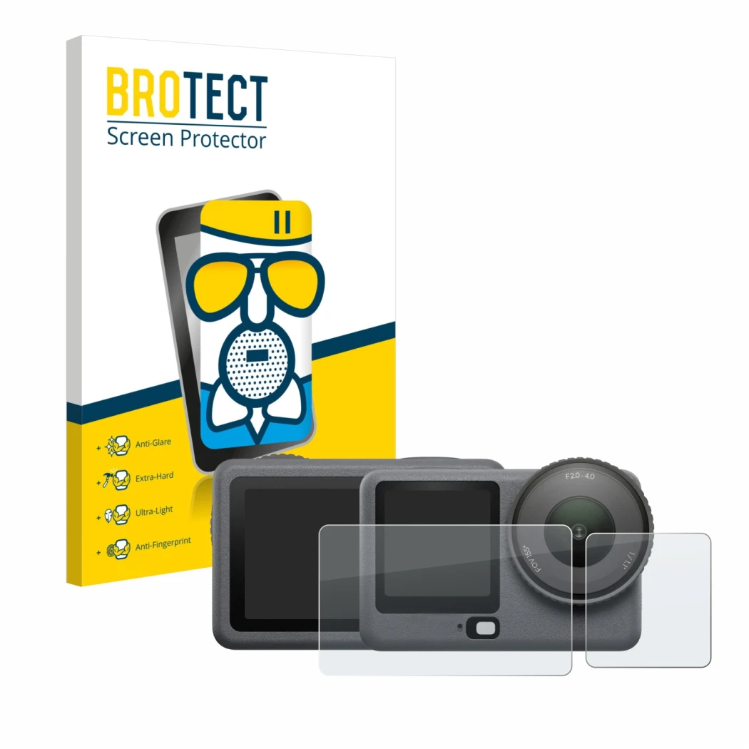 Parte frontal de un envase de producto con el logotipo de la marca BROTECT. Al lado se muestra el dispositivo DJI Osmo Action 