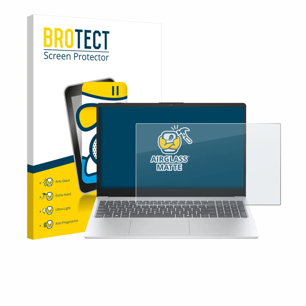 Parte frontal de un envase de producto con el logotipo de la marca BROTECT. Al lado se muestra el dispositivo HP OmniBook 3 15