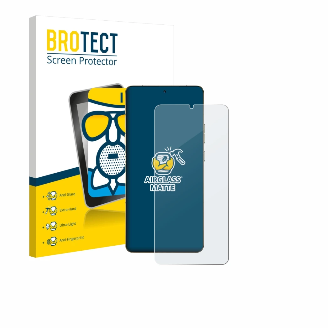 Parte frontal de un envase de producto con el logotipo de la marca BROTECT. Al lado se muestra el dispositivo Motorola Signatu