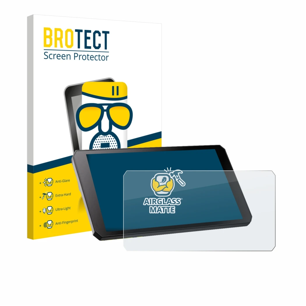 Parte frontal de un envase de producto con el logotipo de la marca BROTECT. Al lado se muestra el dispositivo RiderNav R7M con