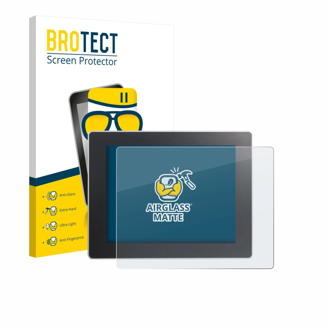 Parte frontal de un envase de producto con el logotipo de la marca BROTECT. Al lado se muestra el dispositivo Weintek cMT3092X