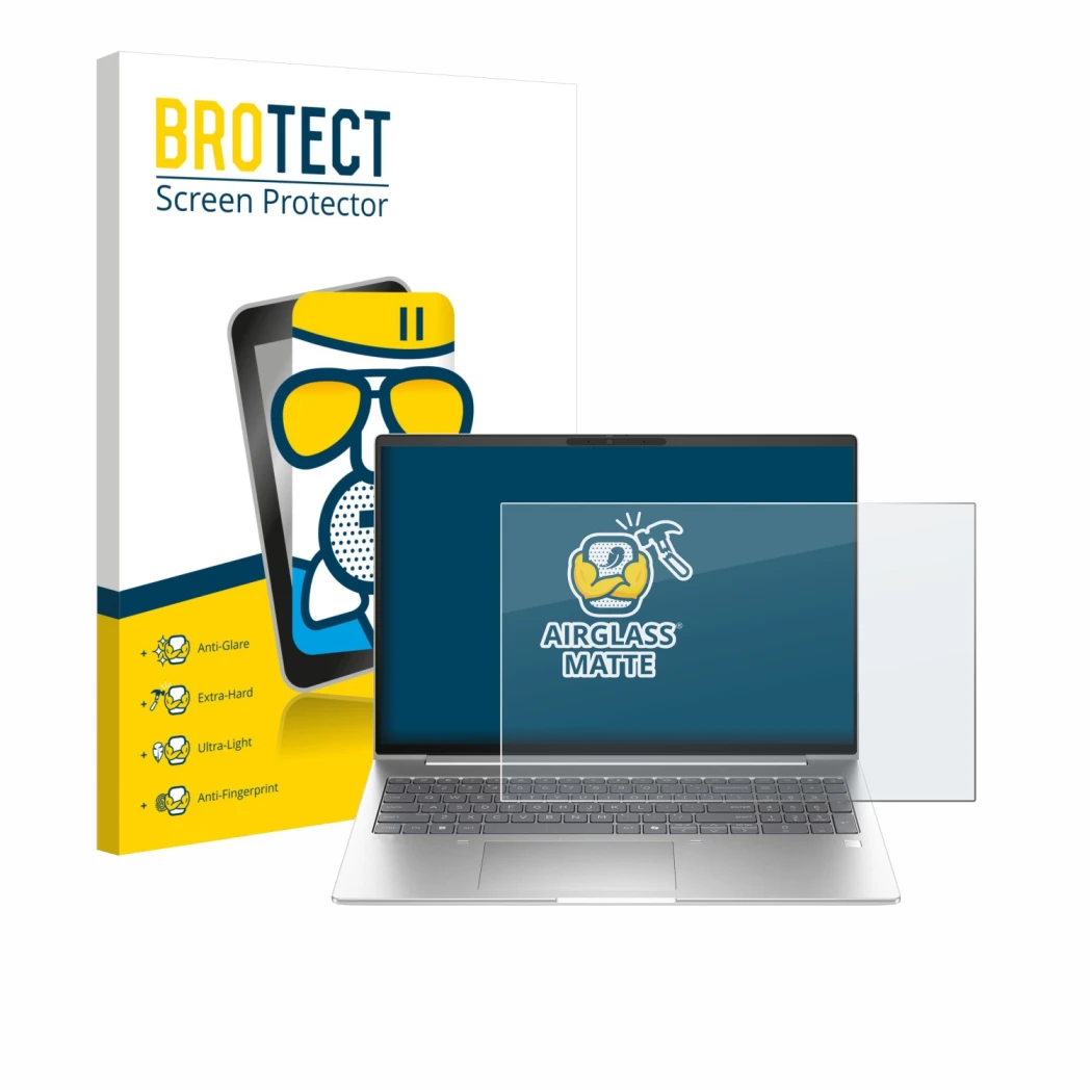 Parte frontal de un envase de producto con el logotipo de la marca BROTECT. Al lado se muestra el dispositivo HP EliteBook 6 G