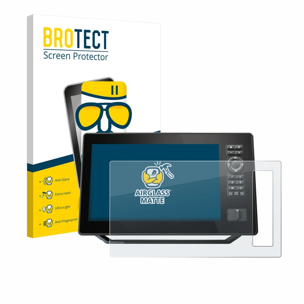 Parte frontal de un envase de producto con el logotipo de la marca BROTECT. Al lado se muestra el dispositivo Humminbird Xplor