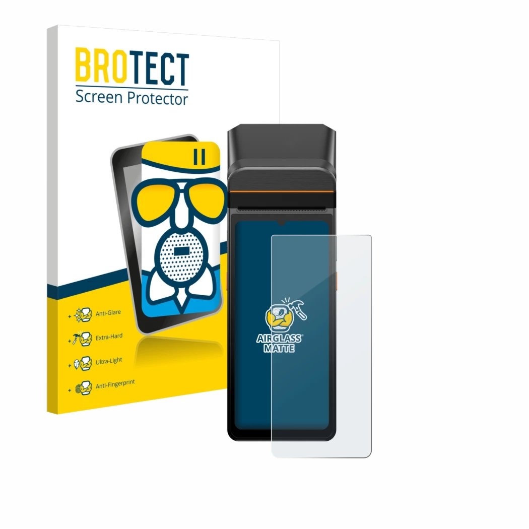 Parte frontal de un envase de producto con el logotipo de la marca BROTECT. Al lado se muestra el dispositivo Sunmi V3 A13 con