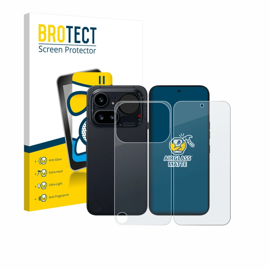 Parte frontal de un envase de producto con el logotipo de la marca BROTECT. Al lado se muestra el dispositivo Nothing Phone (4