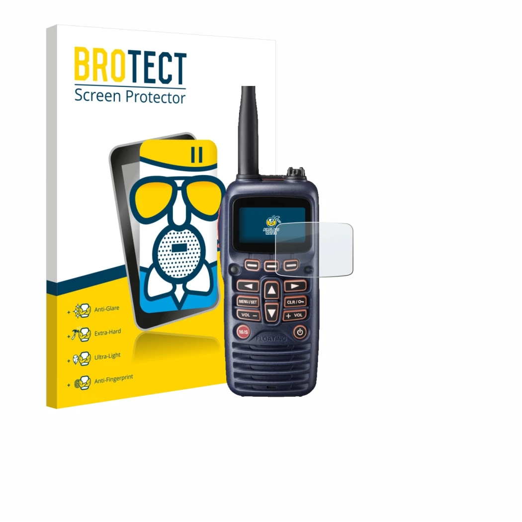 Parte frontal de un envase de producto con el logotipo de la marca BROTECT. Al lado se muestra el dispositivo Standard Horizon