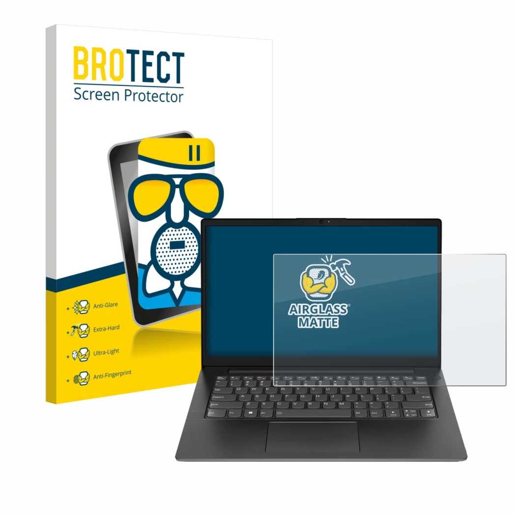 Parte frontal de un envase de producto con el logotipo de la marca BROTECT. Al lado se muestra el dispositivo Lenovo V14 Gen 3