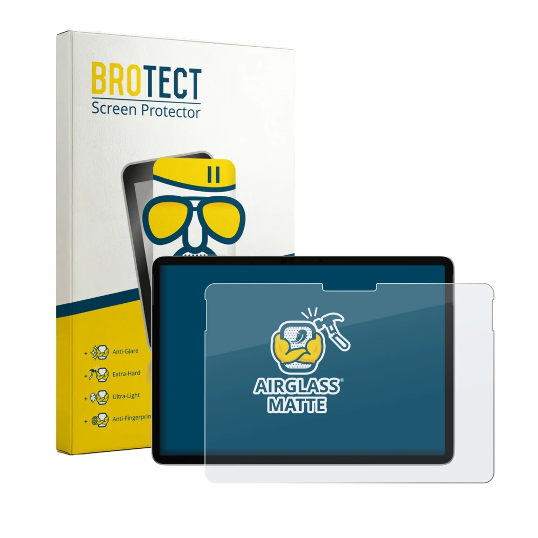Parte frontal de un envase de producto con el logotipo de la marca BROTECT. Al lado se muestra el dispositivo Microsoft Surfac