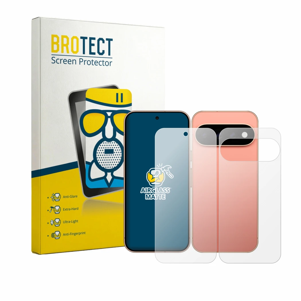 Parte frontal de un envase de producto con el logotipo de la marca BROTECT. Al lado se muestra el dispositivo Google Pixel 11 