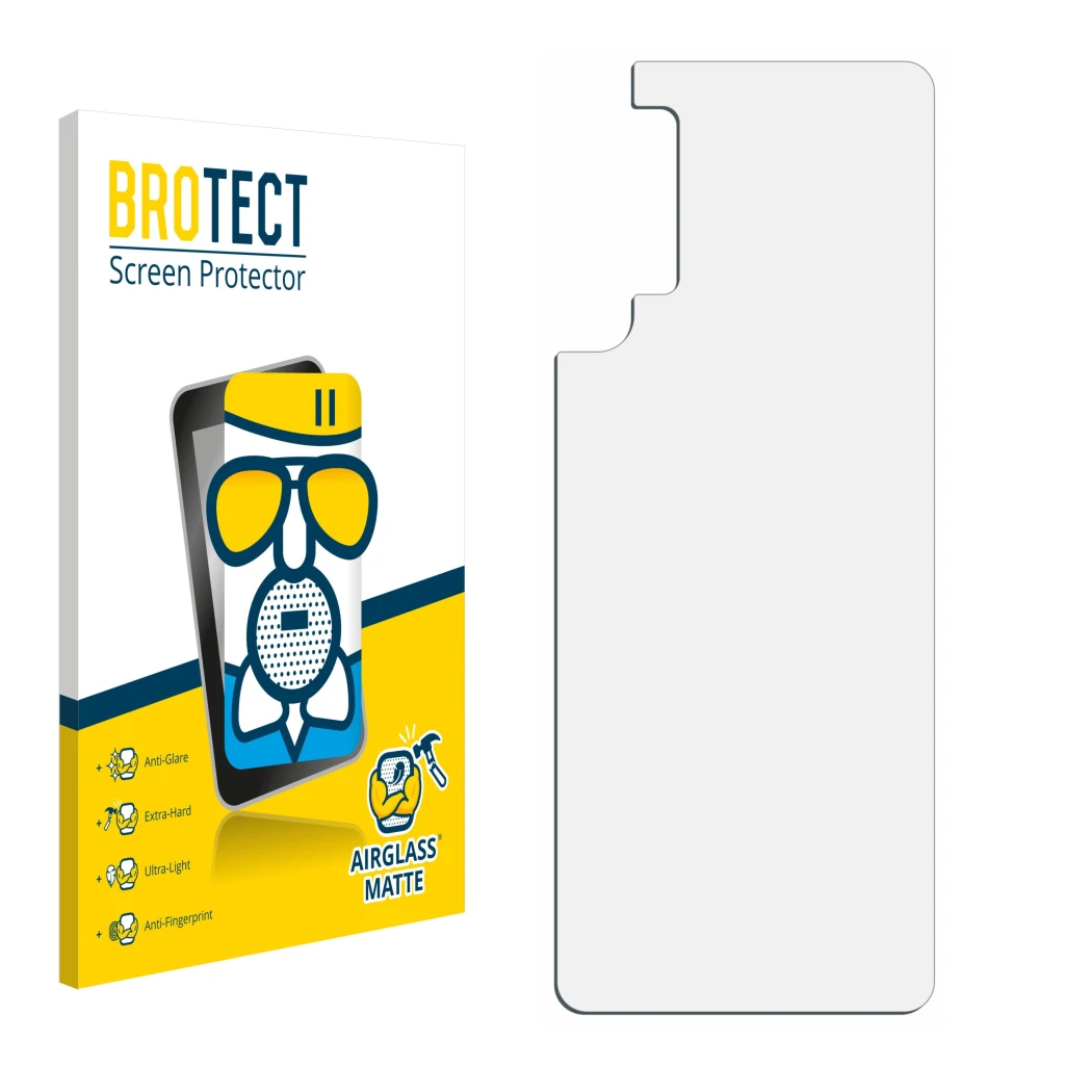 Parte frontal de un envase de producto con el logotipo de la marca BROTECT. Al lado está el protector de pantalla correspondie