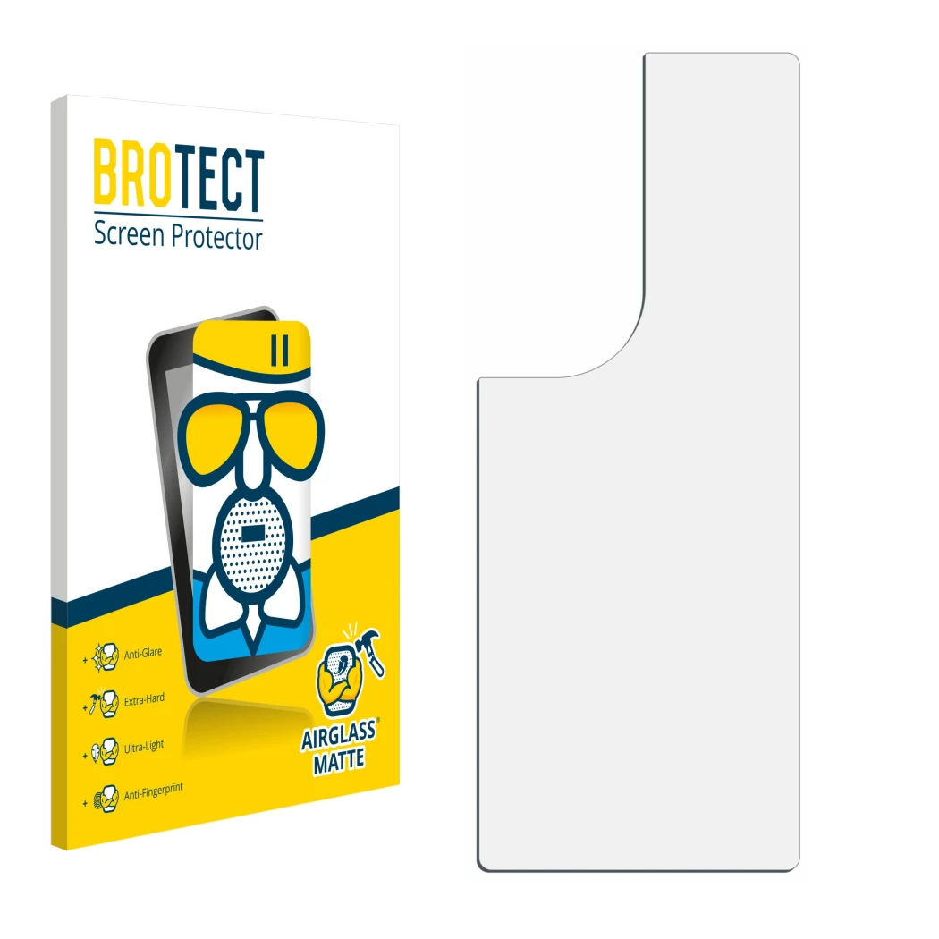 Parte frontal de un envase de producto con el logotipo de la marca BROTECT. Al lado está el protector de pantalla correspondie