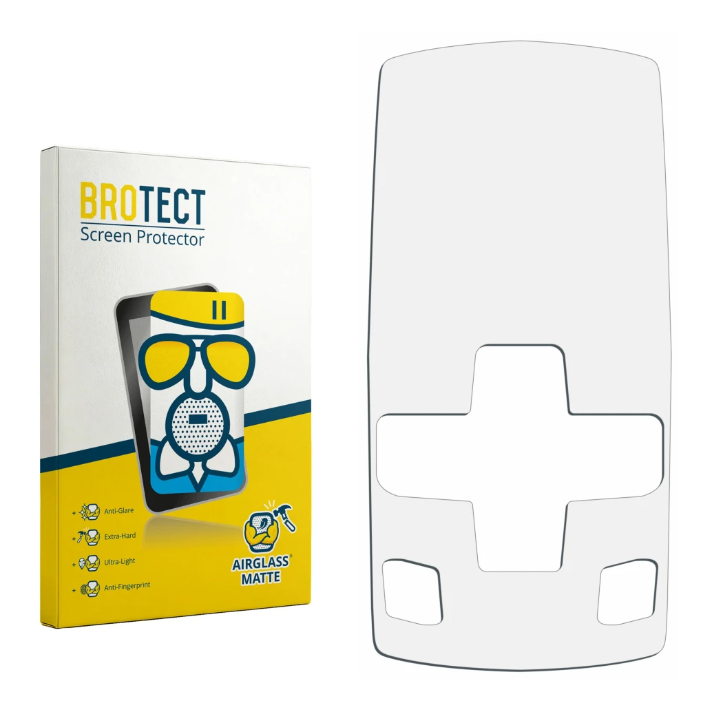 Parte frontal de un envase de producto con el logotipo de la marca BROTECT. Al lado está el protector de pantalla correspondie