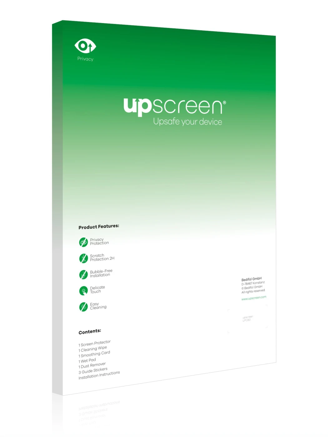 Parte trasera de un envase de producto con el logotipo de la marca upscreen