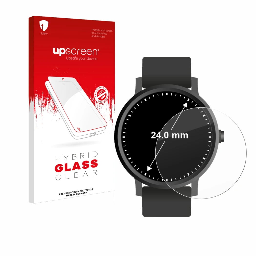 Parte frontal de un envase de producto con el logotipo de la marca upscreen. Al lado se muestra el dispositivo Relojes (Circul
