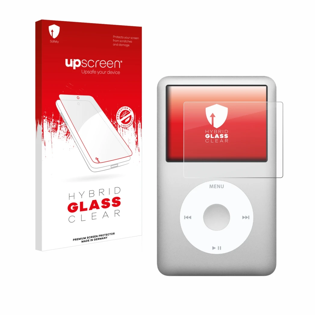 Parte frontal de un envase de producto con el logotipo de la marca upscreen. Al lado se muestra el dispositivo Apple iPod clas