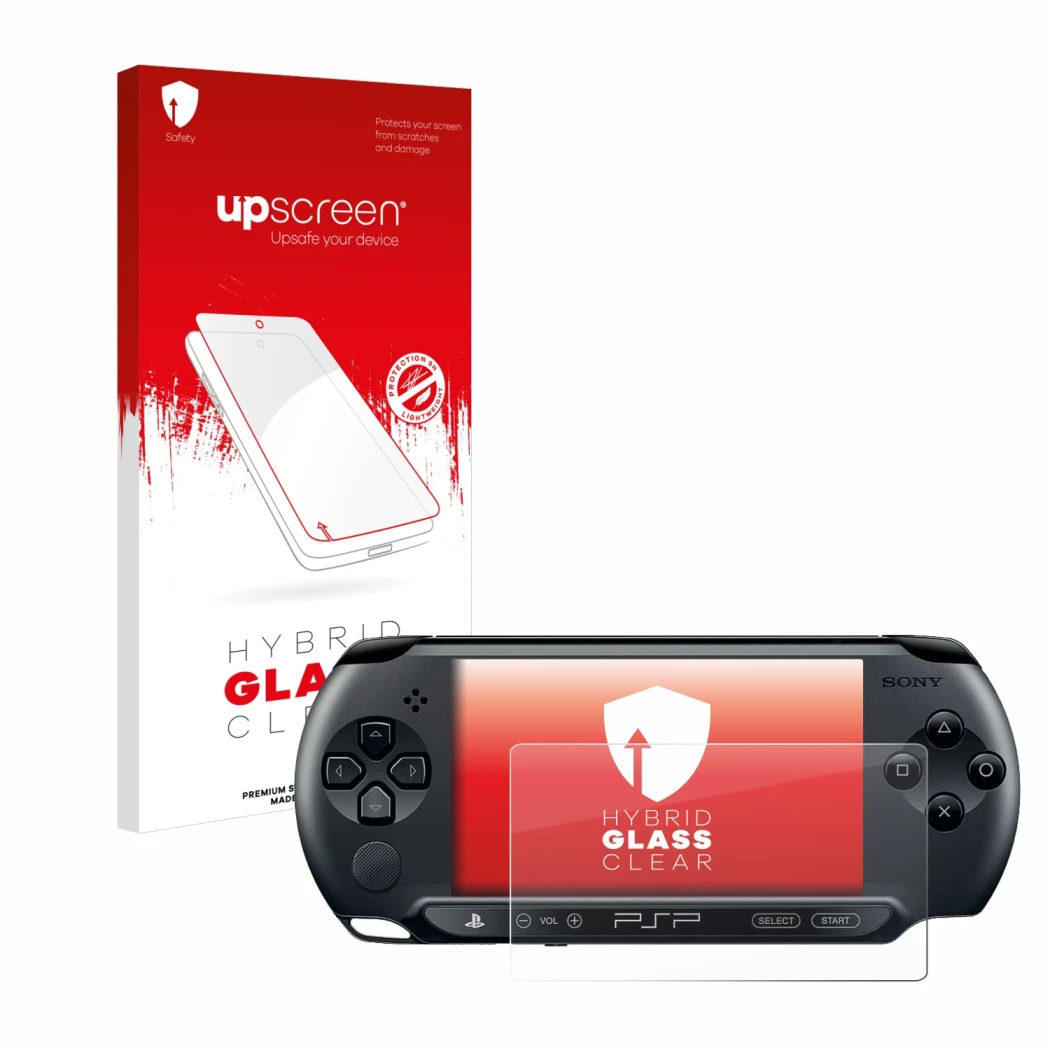 Parte frontal de un envase de producto con el logotipo de la marca upscreen. Al lado se muestra el dispositivo Sony PSP 1004 c
