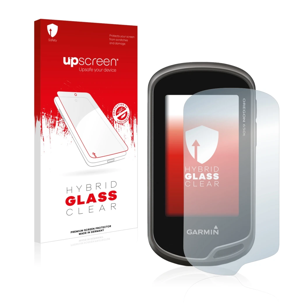 Parte frontal de un envase de producto con el logotipo de la marca upscreen. Al lado se muestra el dispositivo Garmin Oregon 6