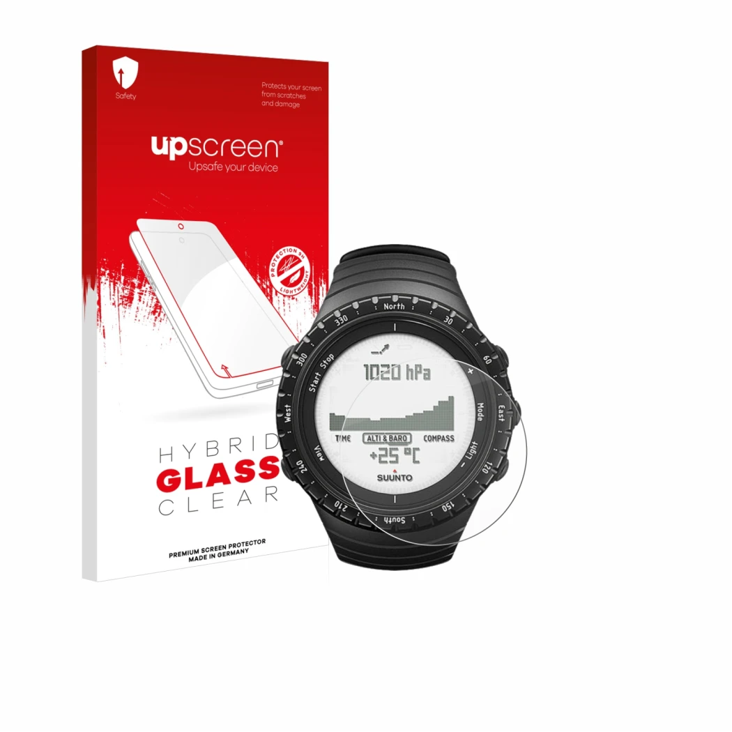 Parte frontal de un envase de producto con el logotipo de la marca upscreen. Al lado se muestra el dispositivo Suunto Core Reg