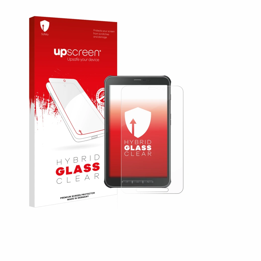 Parte frontal de un envase de producto con el logotipo de la marca upscreen. Al lado se muestra el dispositivo Samsung Galaxy 