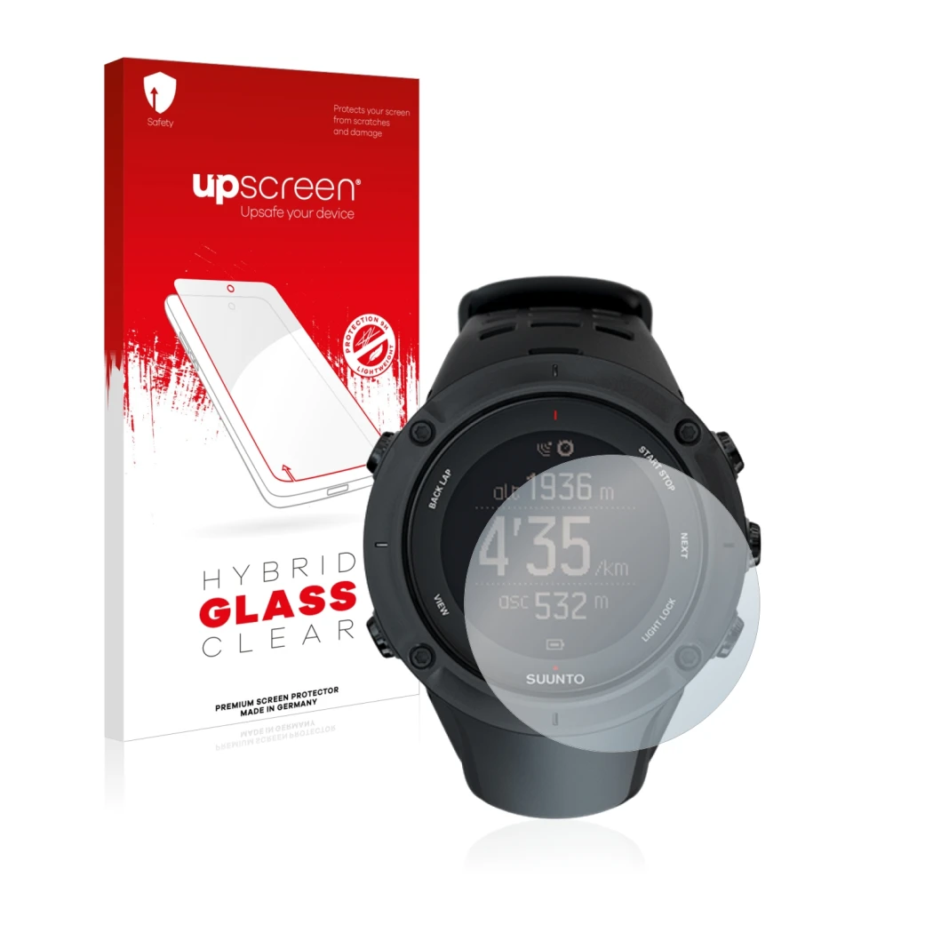 Parte frontal de un envase de producto con el logotipo de la marca upscreen. Al lado se muestra el dispositivo Suunto Ambit3 P