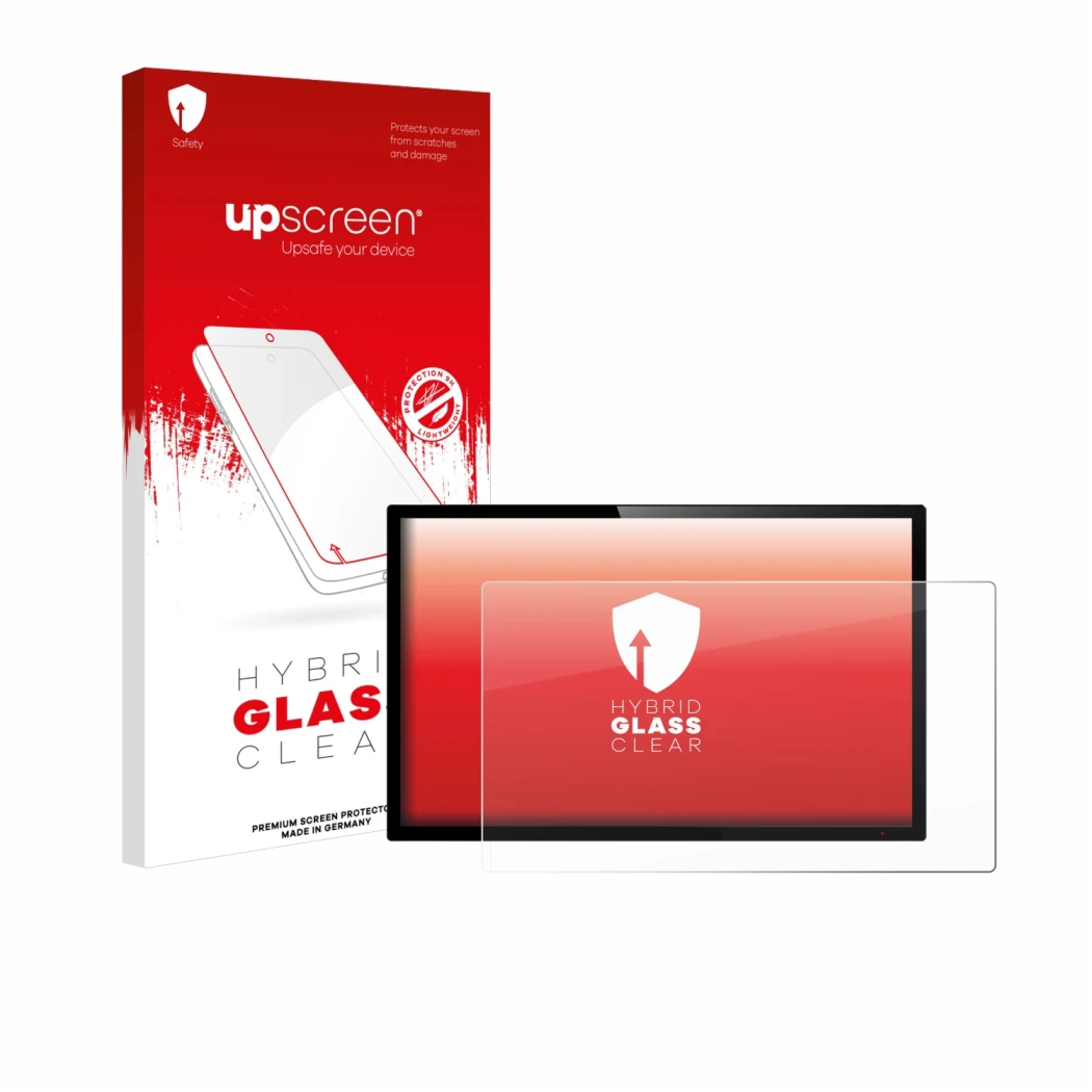 Parte frontal de un envase de producto con el logotipo de la marca upscreen. Al lado se muestra el dispositivo con su protecto