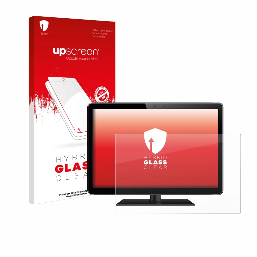 Parte frontal de un envase de producto con el logotipo de la marca upscreen. Al lado se muestra el dispositivo con su protecto
