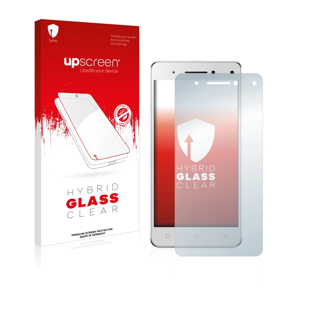 Parte frontal de un envase de producto con el logotipo de la marca upscreen. Al lado se muestra el dispositivo Lenovo Vibe S1 