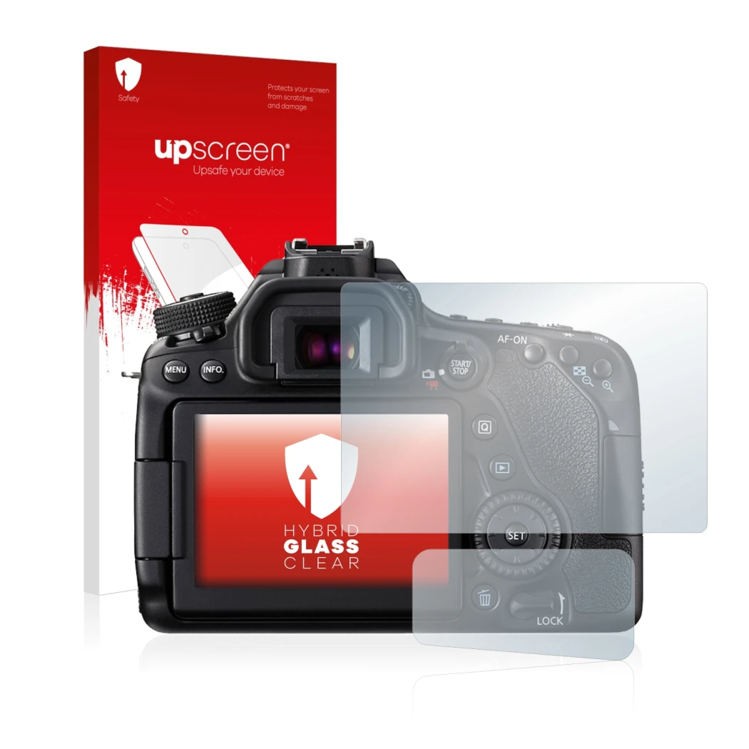 Parte frontal de un envase de producto con el logotipo de la marca upscreen. Al lado se muestra el dispositivo Canon EOS 80D c