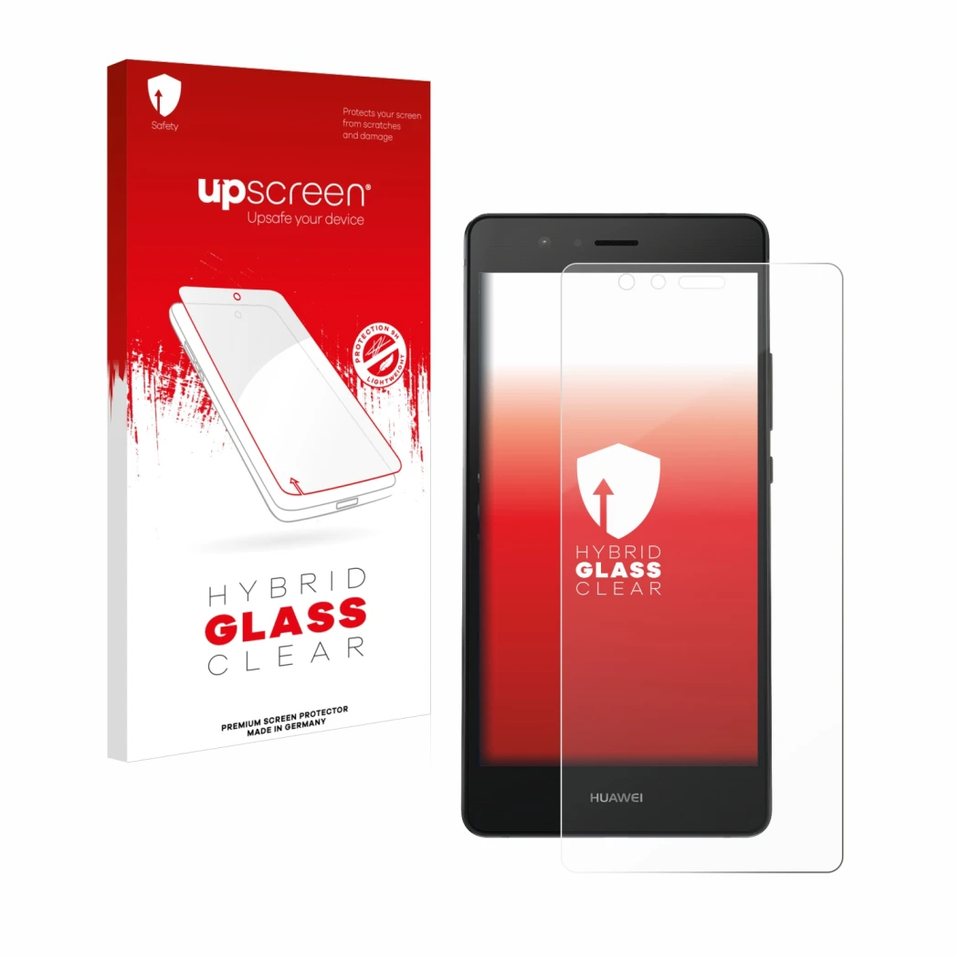 Parte frontal de un envase de producto con el logotipo de la marca upscreen. Al lado se muestra el dispositivo Huawei P9 con s