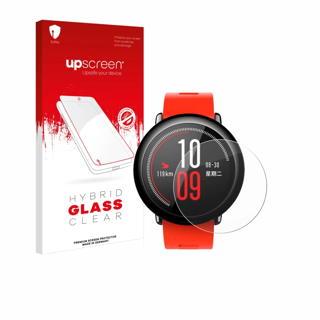 Parte frontal de un envase de producto con el logotipo de la marca upscreen. Al lado se muestra el dispositivo Huami Amazfit P